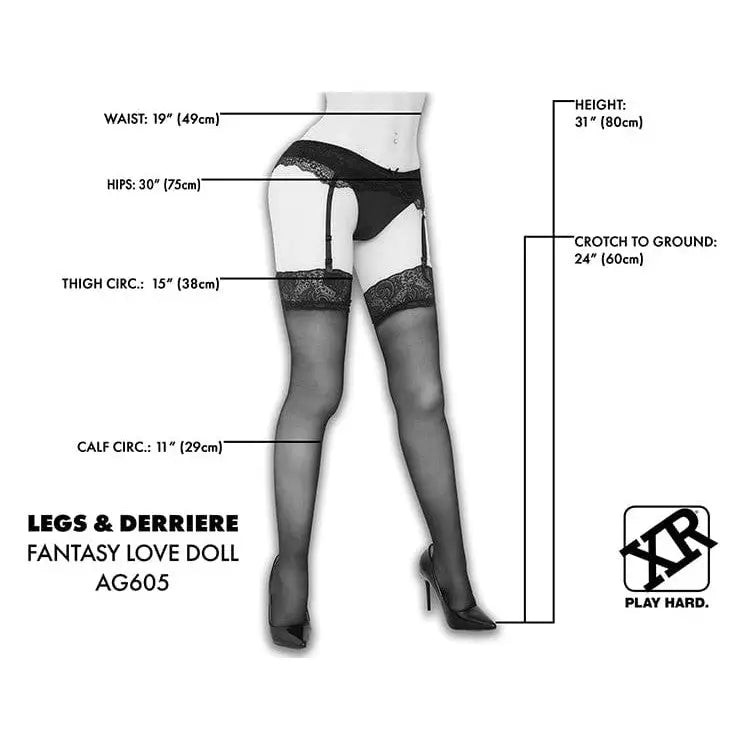 Woman in black stockings, displaying leg measurements on NextGen Dolls Fantasy Love Doll