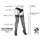 Tall fantasy love doll waist down in black stockings with measurements displayed - NextGen Dolls