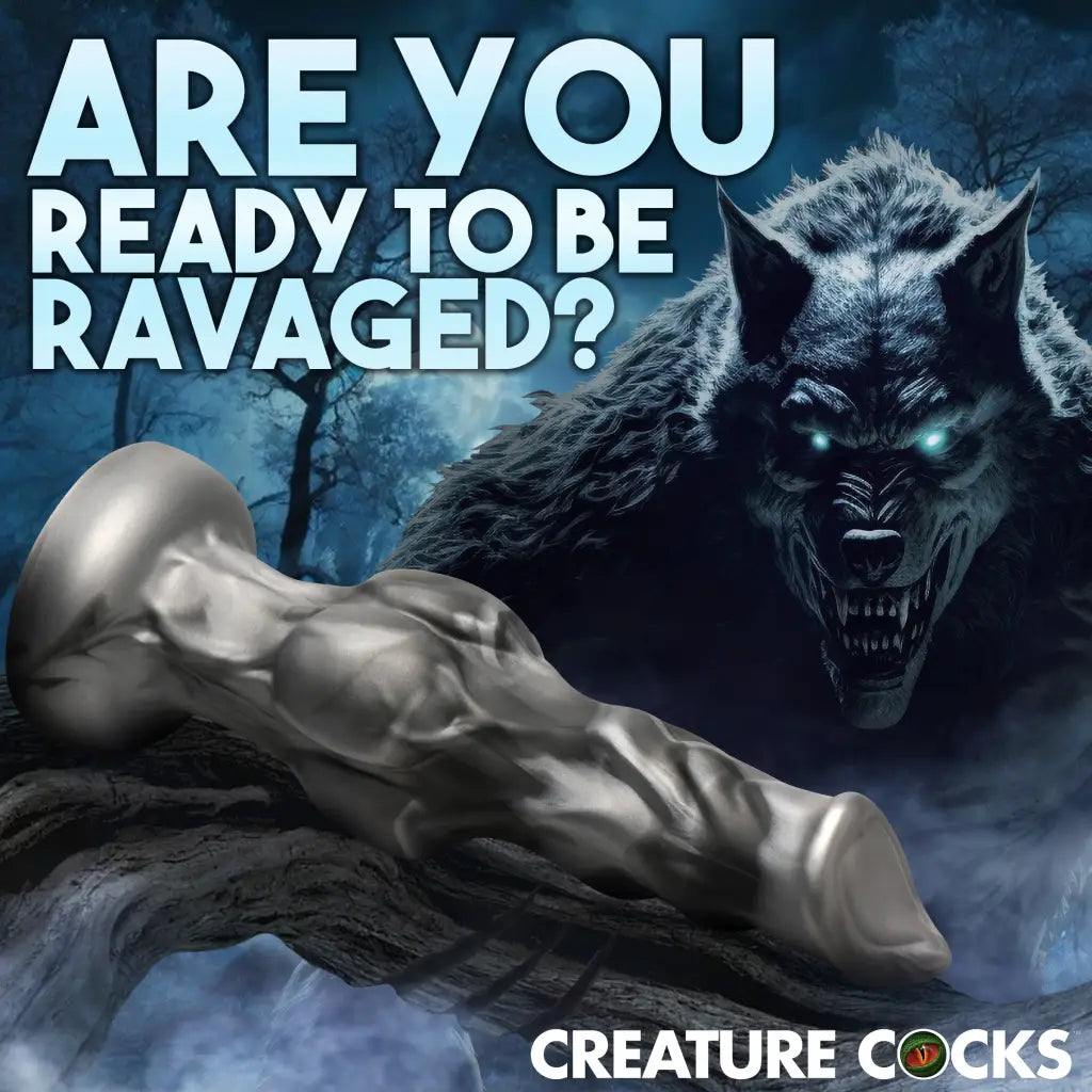 Night Prowler Silicone Dildo with suction cup base beside a snarling werewolf and a figure