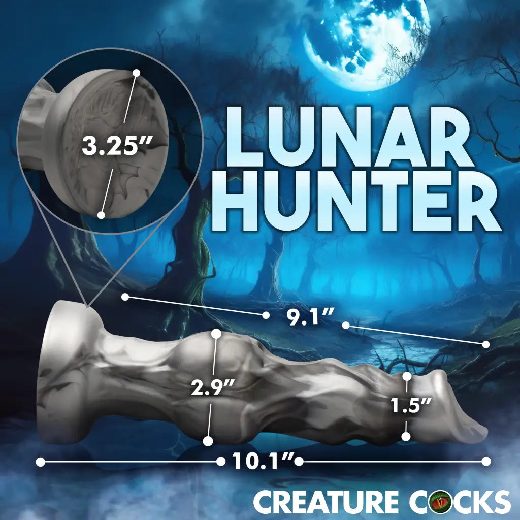 Night Prowler Silicone Dildo - Small with lunar design and suction cup base, shown with measurements