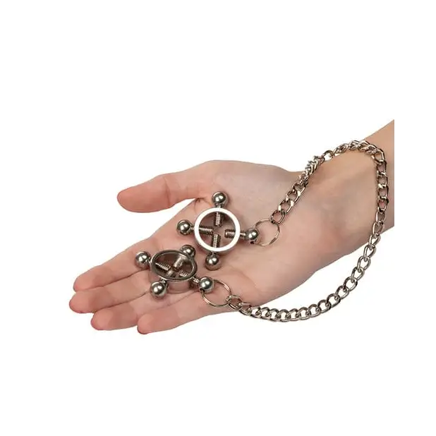 CalExotics Bondage Blindfolds & Restraints Nipple Grips 4-point Nipple Press W/chain - Silver at the Haus of Shag