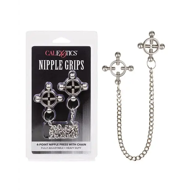 CalExotics Bondage Blindfolds & Restraints Nipple Grips 4-point Nipple Press W/chain - Silver at the Haus of Shag