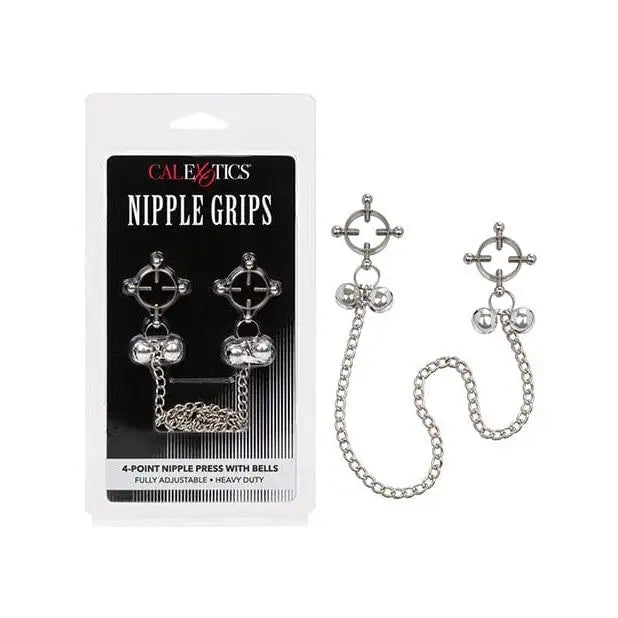 CalExotics Bondage Blindfolds & Restraints Nipple Grips 4-point Nipple Press With Bells - Silver at the Haus of Shag