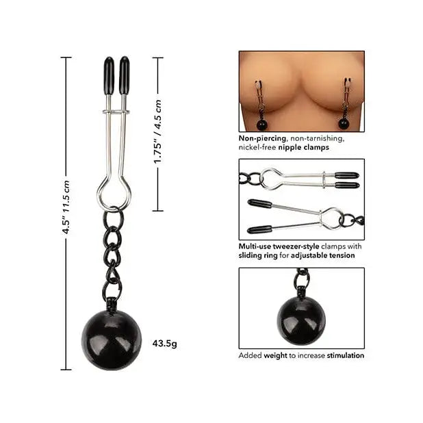 CalExotics Bondage Blindfolds & Restraints Nipple Grips Weighted Tweezer Nipple Clamps  -silver at the Haus of Shag