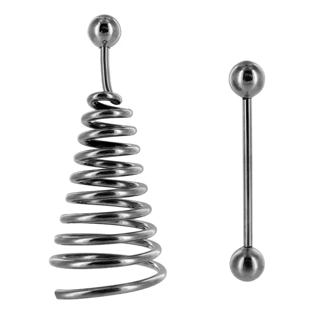 A pair of silver nipple spiral extender earrings from the Nipple Spiral Extender And Barbel