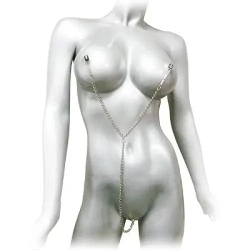 Female mannequin with nipple piercings linked by chain in Nipple To Clit Tweezer Clamp Set