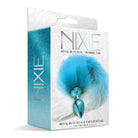 Blue Nixie metal butt plug with attached fluffy faux fur tail for pleasure and cosplay