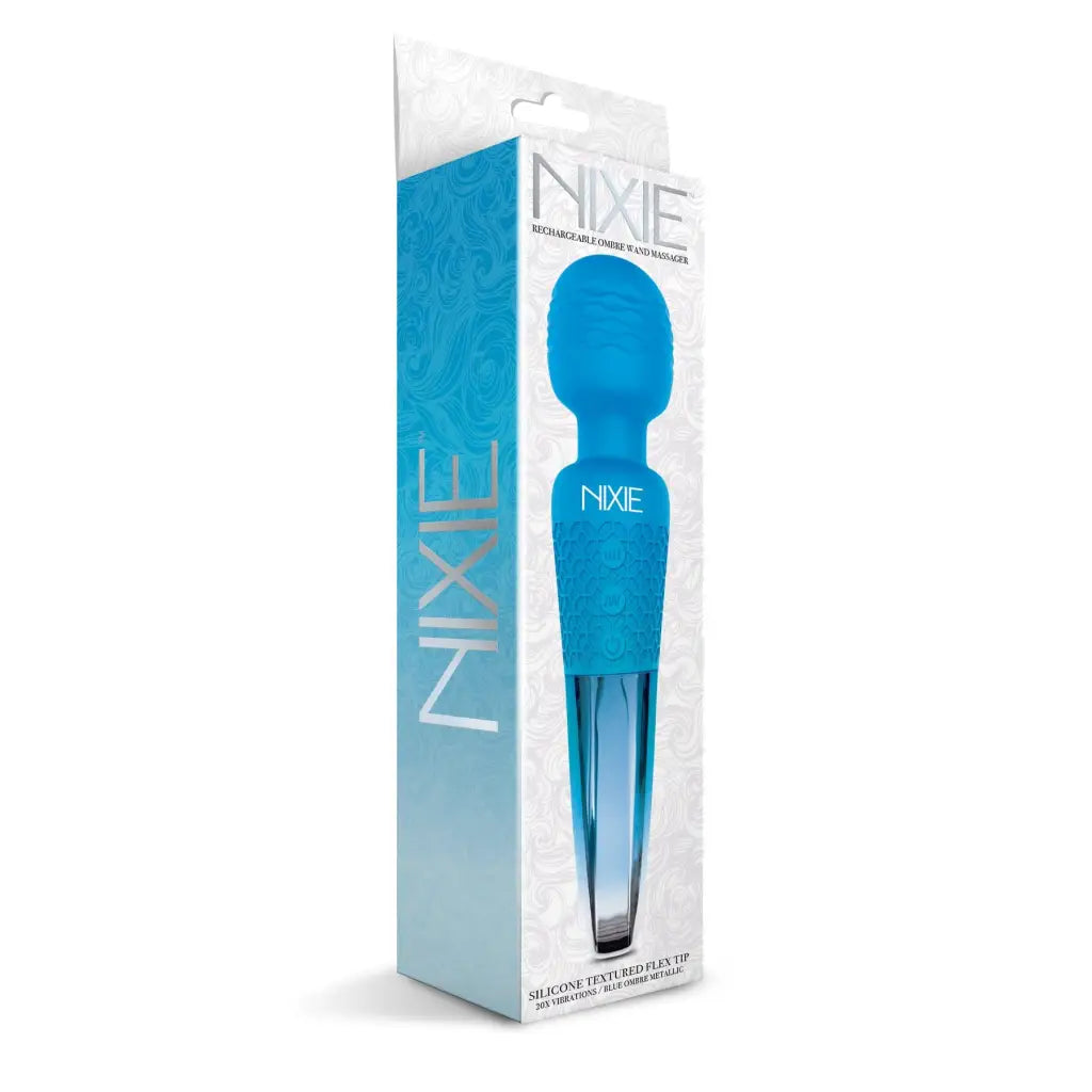 Nixie Rechargeable Wand Massager Blue Ombre Metallic in retail packaging