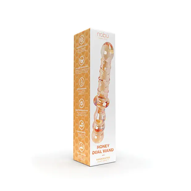 Nobu Honey Dual Wand - Amber in orange, white box, glass gems pleasure device