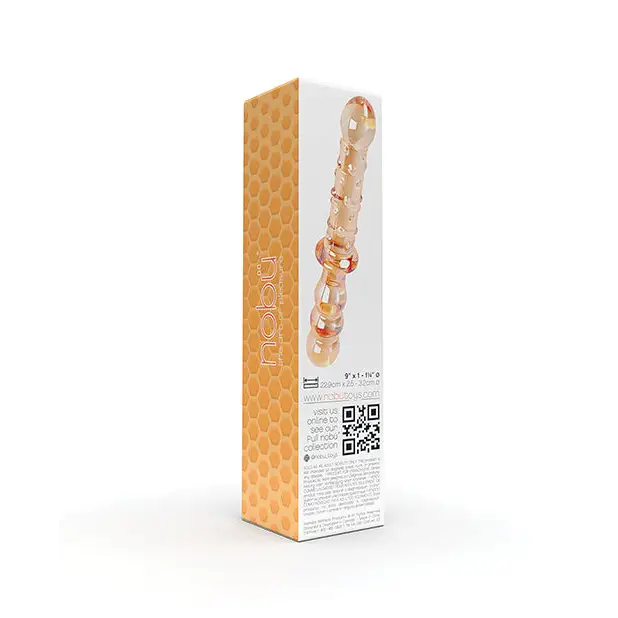 Nobu Honey Dual Wand - Amber: Glass sex toy with honeycomb pattern in retail packaging