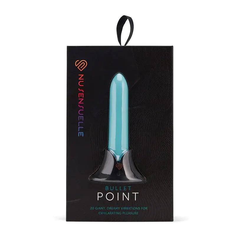 Teal and black Nu Sensuelle Point Bullet massager device in retail packaging