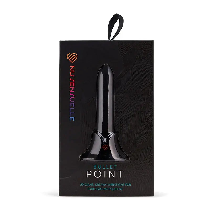 Black silicone Nu Sensuelle Point Bullet sex toy with Bullet Point branding in packaging