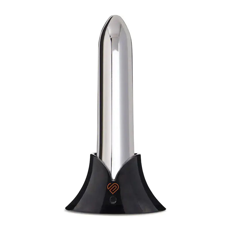 Sleek Nu Sensuelle Point Bullet: ultra-smooth silver tool with heart-shaped logo on base