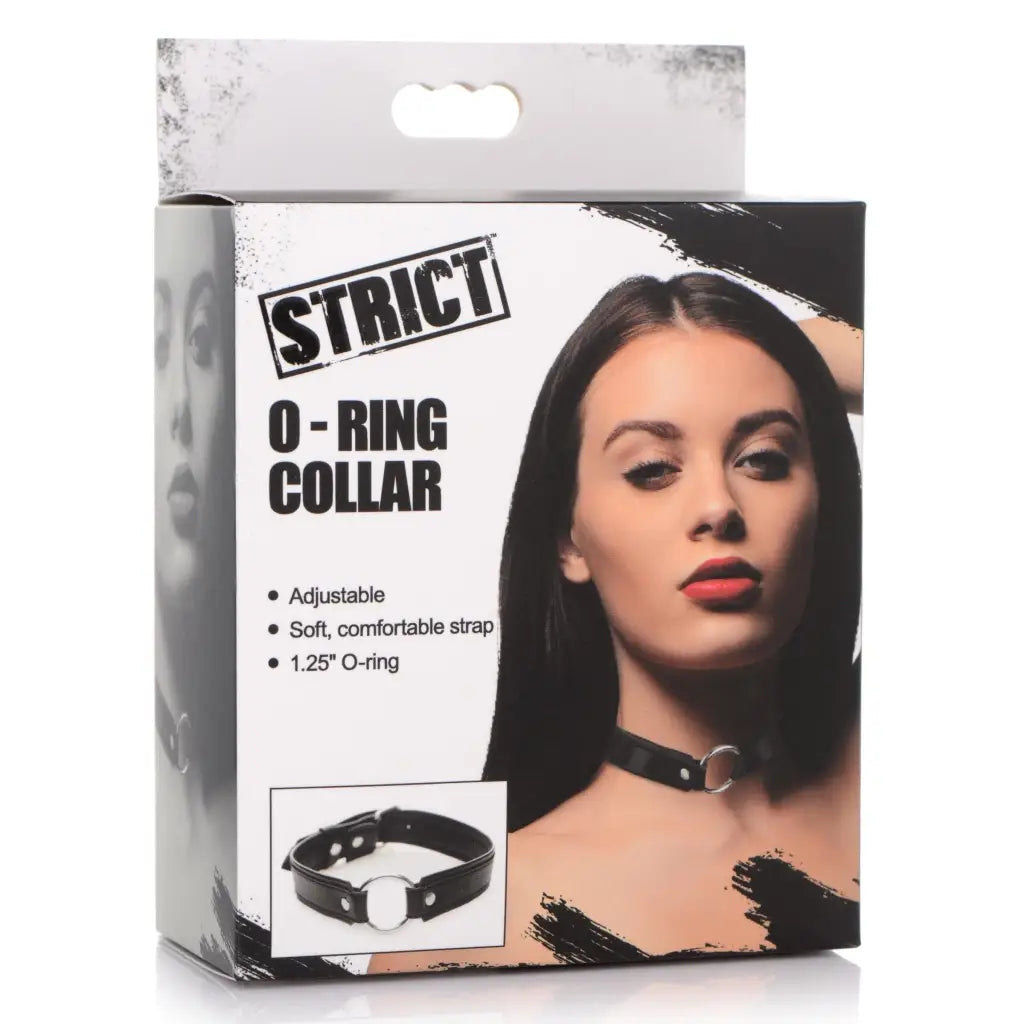 Product packaging for a ‘Strict’ ring collar, featuring a woman wearing the O-ring collar