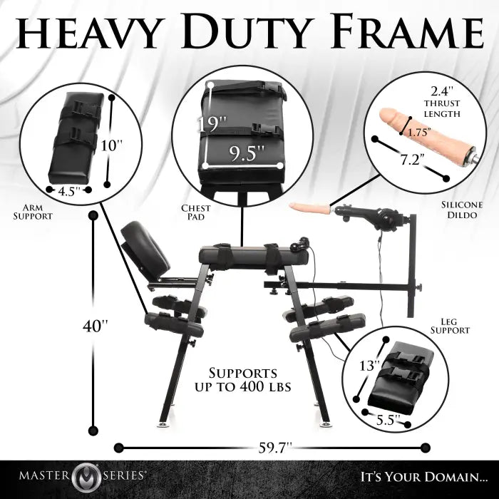 Diagram of Obedience Chair with heavy duty frame and gun holder for sex machine setup