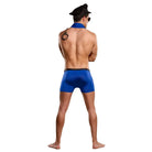 Back view of a shirtless man in Officer Frisk-em Costume: police hat, blue shorts, handcuffs