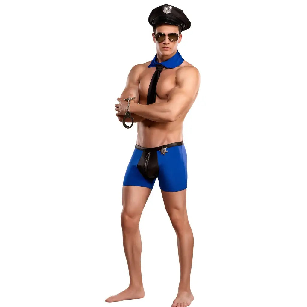 Muscular man in revealing Officer Frisk-em Costume with sunglasses and handcuffs