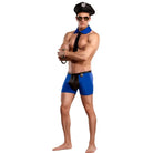 Muscular man in revealing Officer Frisk-em Costume with sunglasses and handcuffs