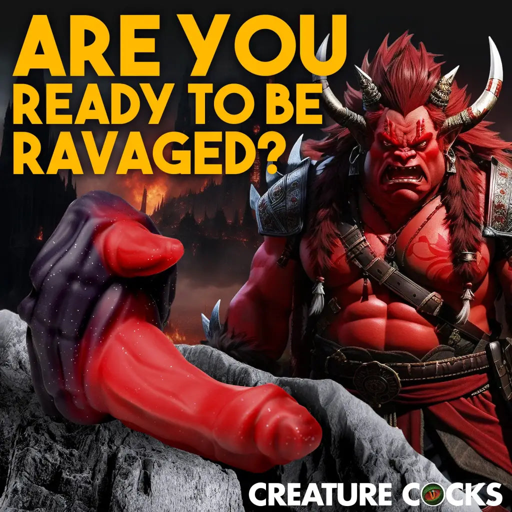 A red demonic creature with horns, angrily depicted on Creature Cocks Ogre Silicone Dildo