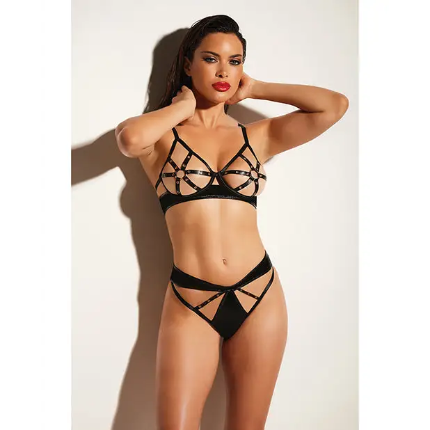 Oh Là Là Chéri Dominant Open Cup Caged 2Pc Set with Grommet Tape Strapping and Metal Ring Details XL - XL - Lingerie Set