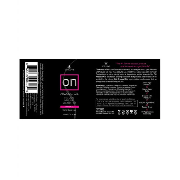 Black and pink product label for ON Arousal Gel Original 1oz, enhancing arousal experience