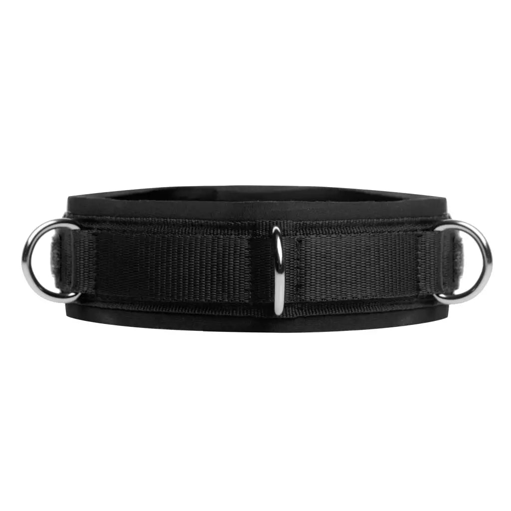 Black padded collar with rings from the On Your Knees Bondage Kit for intimate play