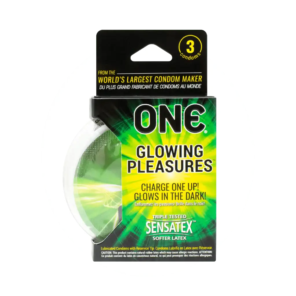 One Glowing Pleasures Condoms display with vibrant ’one plowers green’ for illuminated protection