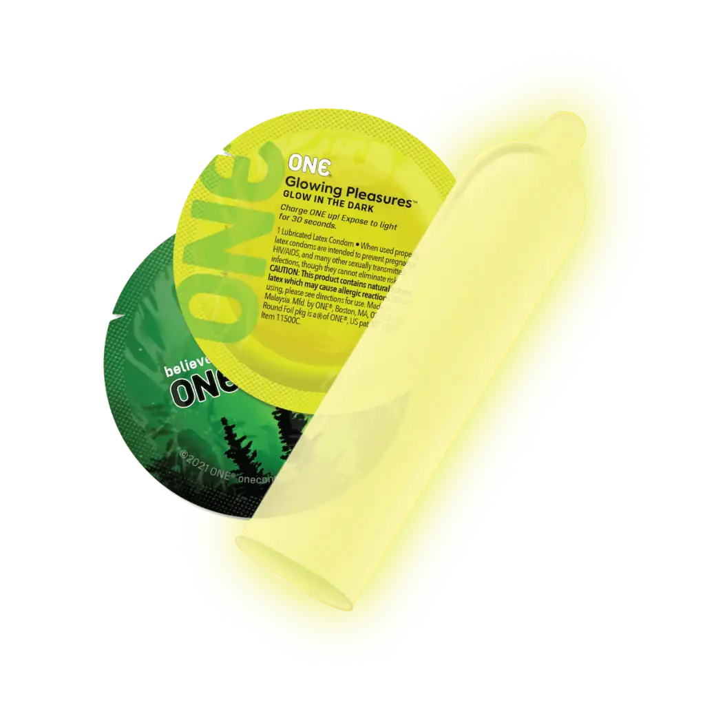 One Glowing Pleasures Condoms: A roll of yellow tape with a green leaf on it