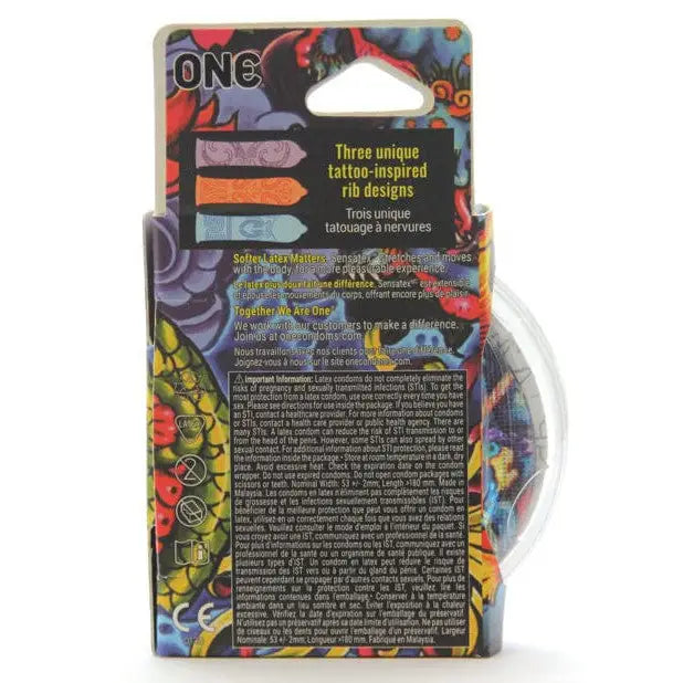 Close-up of One® Tattoo Touch® Condoms package with a tape design for natural pleasure