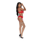 Woman modeling lace demi bra, garter & tanga in red lingerie and high heels