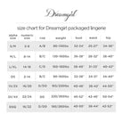 Size chart for Dreamgirl Open Cup Bodystocking showing measurements and sizes