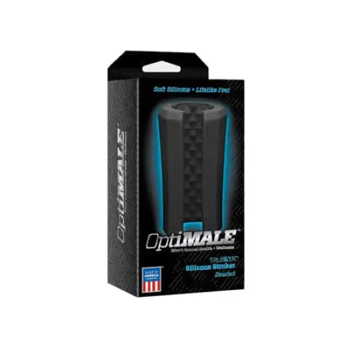 OptiMALE TRUSKYN Silicone Stroker Beaded Black in packaging with blue accents