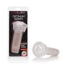 Optimum Series Stroker Pump Sleeve packaged, displayed with product for adult use