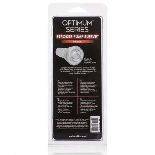 Optimum Series Stroker Pump Sleeve in retail packaging for adult pleasure devices