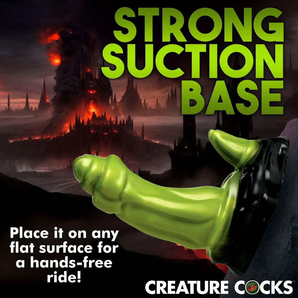 Poster of green hand holding a gun, promoting Orc Silicone Dildo with suction cup base