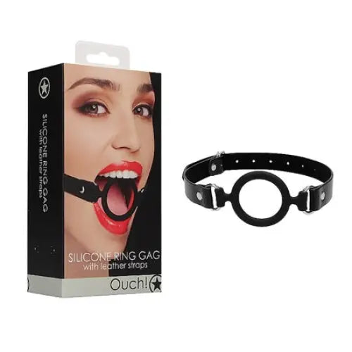 Ouch! Adjustable Silicone Ring Gag With Leather Straps Black - Ball Gag