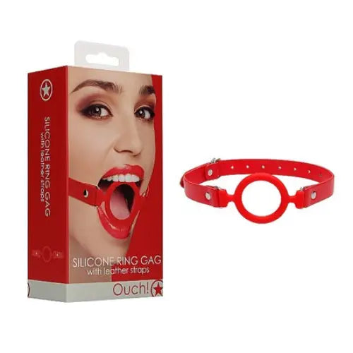 Ouch! Adjustable Silicone Ring Gag With Leather Straps Red - Ball Gag