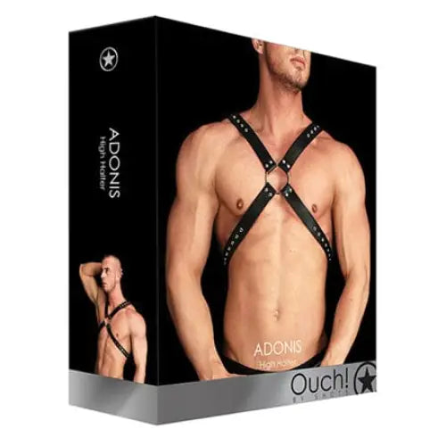 Adonis High Halter leather harness on shirtless male torso - Ouch! Product packaging