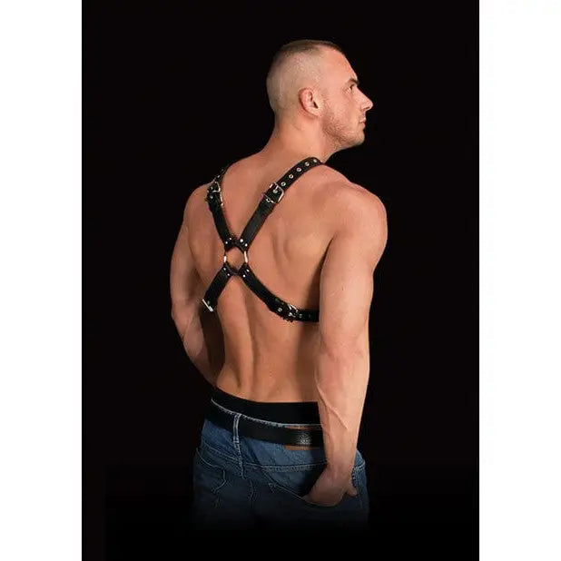 Bare muscular back showcasing the Ouch! Adonis High Halter Body Harness in leather