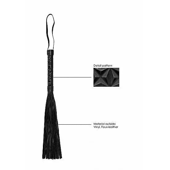 Black leather flogger with diamond pattern luxury handle and multiple tassels - luxury whip