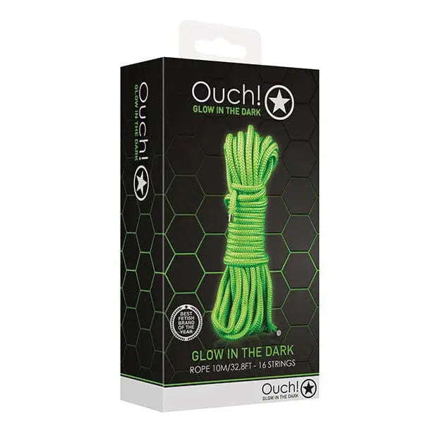 Ouch! Glow in the Dark Bondage Rope by Shots America packaged in black box labeled ’Ouch!’