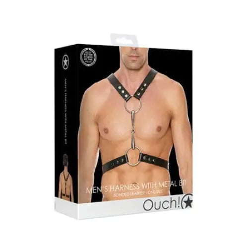 Men’s leather harness with metal bit, rings, and studs - Ouch! Men’s Harness Adult Product