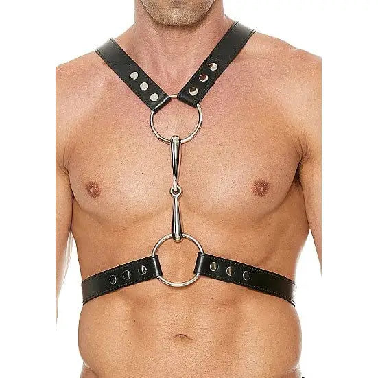 Ouch! Men’s Harness With Metal Bit - Leather harness with rings and studs on bare male torso