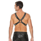 Ouch! Men’s Large Buckle Harness: Black leather chest harness with metal studs and buckles