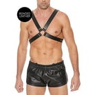 Shirtless man in leather shorts wearing Ouch! Men’s Large Buckle Harness