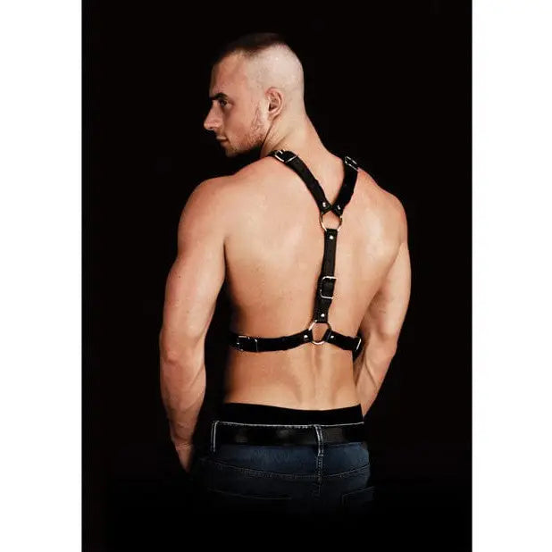 Muscular back wearing the Ouch! Thanos Chest Centerpiece Body Harness in black leather