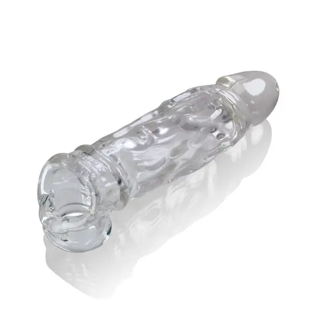 Close up of an OxBalls Butch Cocksheath Clear glass handle bottle made of superflex TPR material