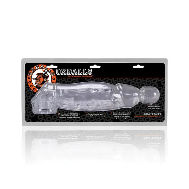 OxBalls Butch Cocksheath Clear: a transparent, vibrating superflex TPR device for men