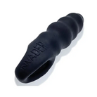 Close-up of Oxballs Invader Cocksheath Black Ice with ’headway’ on black rubber cock toy