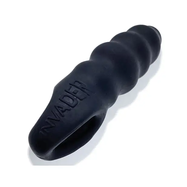 Close-up of Oxballs Invader Cocksheath Black Ice with ’headway’ on black rubber cock toy